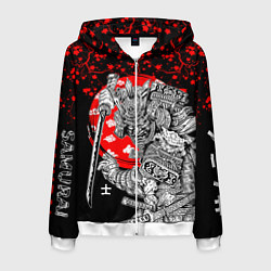 Толстовка 3D на молнии мужская Самурай и сакура на черном фоне, цвет: 3D-белый