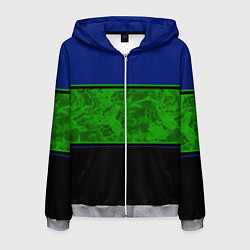 Толстовка 3D на молнии мужская Синие, неоновые зеленые мраморные и черные полосы, цвет: 3D-меланж