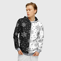Толстовка 3D на молнии мужская Рождественские снежинки на черно-белом фоне, цвет: 3D-меланж — фото 2