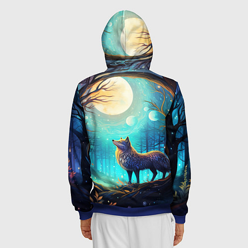 Мужская толстовка на молнии Волк в ночном лесу в folk art стиле / 3D-Синий – фото 4