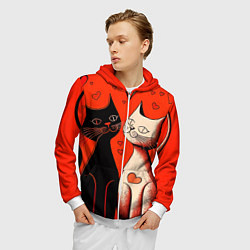 Толстовка 3D на молнии мужская Влюблённые кошки на красном фоне, цвет: 3D-белый — фото 2
