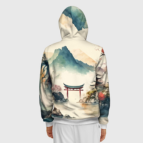 Мужская толстовка на молнии Японский пейзаж - акварель / 3D-Белый – фото 4