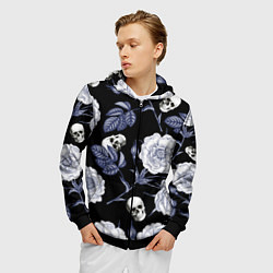 Толстовка 3D на молнии мужская Черепа с розами, цвет: 3D-черный — фото 2