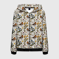 Толстовка 3D на молнии мужская Птицы малиновки и зверобой, цвет: 3D-черный