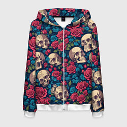 Толстовка 3D на молнии мужская Черепа и красные розы, цвет: 3D-белый