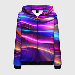Толстовка 3D на молнии мужская Неоновые волны, цвет: 3D-черный