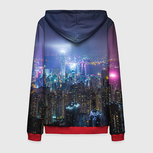 Мужская толстовка на молнии Большой город в розово-голубых огнях / 3D-Красный – фото 2