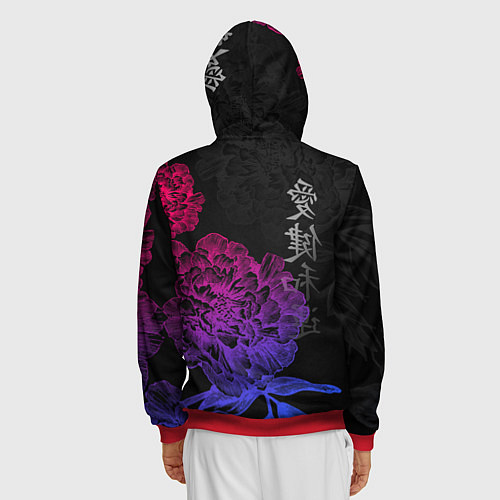 Мужская толстовка на молнии Neon flowers - japanese art / 3D-Красный – фото 4