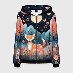 Толстовка 3D на молнии мужская Лисичка в осеннем лесу фолк-арт, цвет: 3D-черный