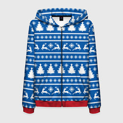 Толстовка 3D на молнии мужская Синий свитер с новогодними оленями, цвет: 3D-красный