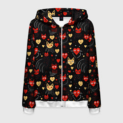 Толстовка 3D на молнии мужская Паттерн с сердечками и котами валентинка, цвет: 3D-белый