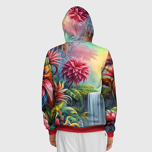 Мужская толстовка на молнии Гавайские тропические цветы - алоха / 3D-Красный – фото 4