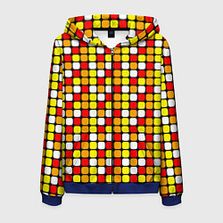 Толстовка 3D на молнии мужская Красные, жёлтые и белые квадраты, цвет: 3D-синий