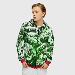 Толстовка 3D на молнии мужская Белые клыки на зелёном фоне, цвет: 3D-красный — фото 2