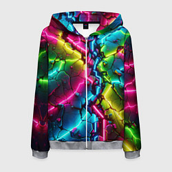 Толстовка 3D на молнии мужская Трещина - неон, цвет: 3D-меланж