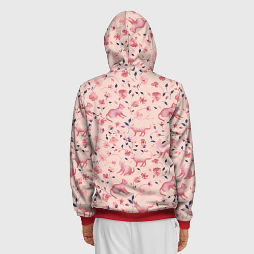 Мужская толстовка на молнии Розовый паттерн с цветами и котиками / 3D-Красный – фото 4