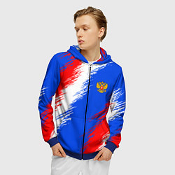 Толстовка 3D на молнии мужская Триколор штрихи с гербор РФ, цвет: 3D-синий — фото 2