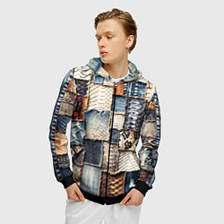 Толстовка 3D на молнии мужская Змеиная кожа - пэчворк, цвет: 3D-черный — фото 2