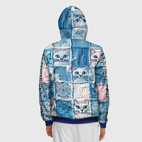 Мужская толстовка на молнии Кошки на пэчворк джинсах паттерн / 3D-Синий – фото 4