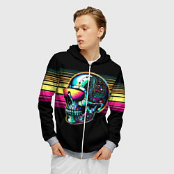Толстовка 3D на молнии мужская Cyber skull - ai art fantasy, цвет: 3D-меланж — фото 2
