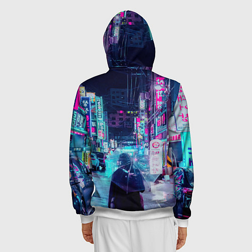Мужская толстовка на молнии Дождливый неоновый вечер в Японии / 3D-Белый – фото 4