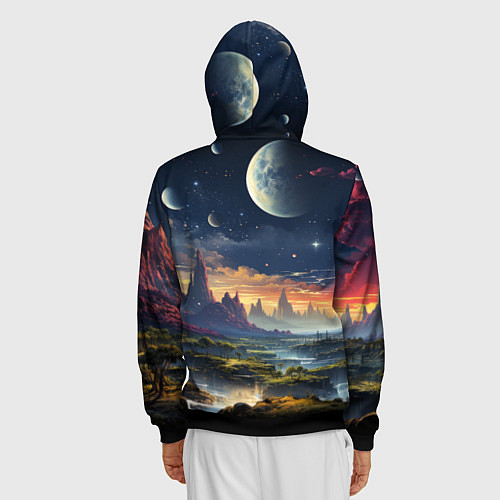 Мужская толстовка на молнии Космический фантазийный мир на другой планете / 3D-Черный – фото 4