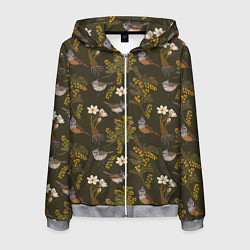 Толстовка 3D на молнии мужская Хохлатые синицы и мимоза паттерн, цвет: 3D-меланж