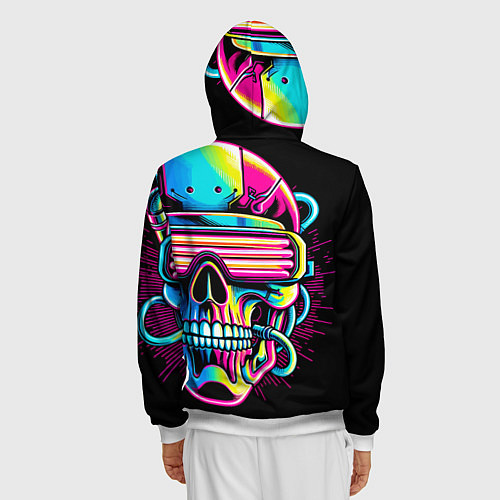 Мужская толстовка на молнии Cyber skull - ai art neon / 3D-Белый – фото 4