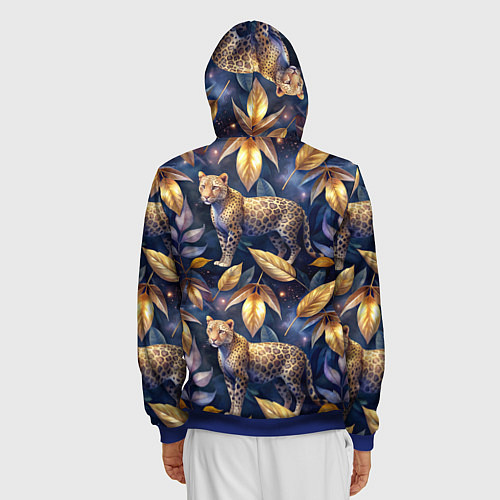 Мужская толстовка на молнии Леопард с золотыми листьями паттерны / 3D-Синий – фото 4