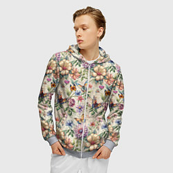 Толстовка 3D на молнии мужская Летний узор с цветами и бабочками, цвет: 3D-меланж — фото 2