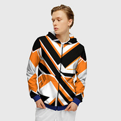 Толстовка 3D на молнии мужская Чёрно-оранжевые широкие линии на белом фоне, цвет: 3D-синий — фото 2