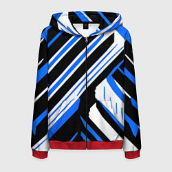 Толстовка 3D на молнии мужская Чёрно-синие полосы на белом фоне, цвет: 3D-красный