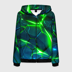 Толстовка 3D на молнии мужская Неоновые яркие зеленые разломленные плиты со свето, цвет: 3D-черный