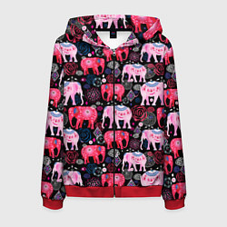 Толстовка 3D на молнии мужская Орнамент разноцветных слонов, цвет: 3D-красный