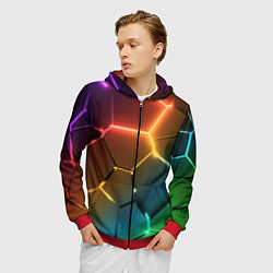 Толстовка 3D на молнии мужская Радужные неоновые плиты в разломе, цвет: 3D-красный — фото 2