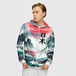 Толстовка 3D на молнии мужская Япония - страна восходящего солнца - акварель, цвет: 3D-белый — фото 2
