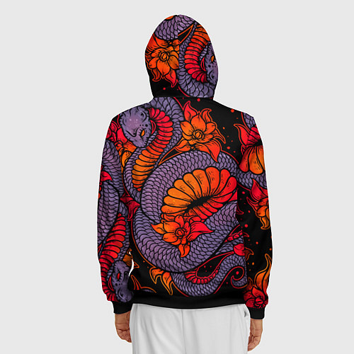 Мужская толстовка на молнии Цветы и змея - Японский стиль / 3D-Черный – фото 4