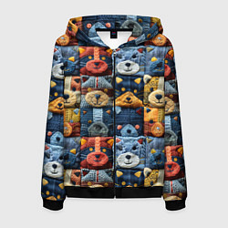 Толстовка 3D на молнии мужская Вязанные еноты на пэчворк, цвет: 3D-черный