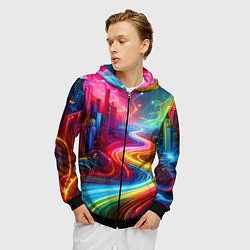 Толстовка 3D на молнии мужская Неоновый город - нейроарт, цвет: 3D-черный — фото 2