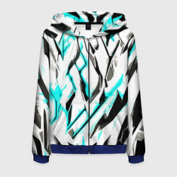 Толстовка 3D на молнии мужская Чёрно-голубые агрессивные полосы на белом фоне, цвет: 3D-синий