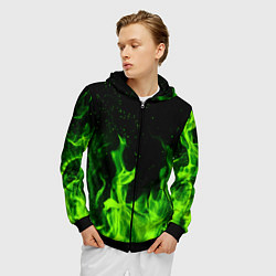 Толстовка 3D на молнии мужская Огонь зелёный текстура, цвет: 3D-черный — фото 2