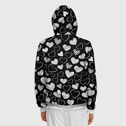 Мужская толстовка на молнии Белые сердечки на черном фоне / 3D-Белый – фото 4