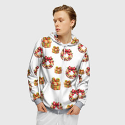 Толстовка 3D на молнии мужская Много новогодних пончиков и подарков с бантиком и, цвет: 3D-меланж — фото 2
