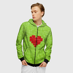 Толстовка 3D на молнии мужская Мелкая салатовая плитка сердце, цвет: 3D-черный — фото 2