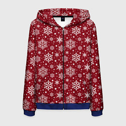 Толстовка 3D на молнии мужская Новогодний узор - белые снежинки на красном фоне, цвет: 3D-синий