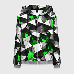 Толстовка 3D на молнии мужская Зелёно-белые рельефные треугольники на чёрном фоне, цвет: 3D-меланж