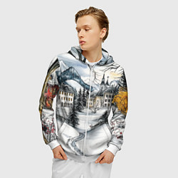 Толстовка 3D на молнии мужская Заснеженный старый город, цвет: 3D-белый — фото 2