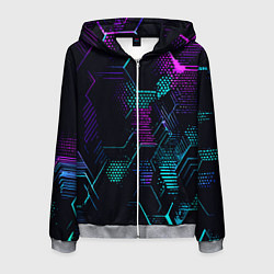 Толстовка 3D на молнии мужская Розово-голубые точки и линии на чёрном фоне, цвет: 3D-меланж