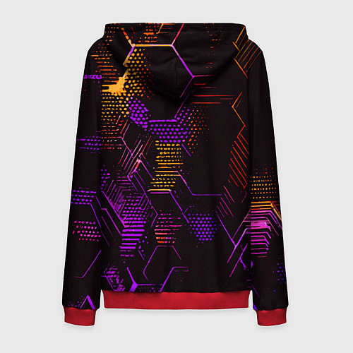 Мужская толстовка на молнии Жёлто-фиолетовые точки и линии на чёрном фоне / 3D-Красный – фото 2