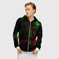 Толстовка 3D на молнии мужская Красно-зелёные точки и линии на чёрном фоне, цвет: 3D-белый — фото 2